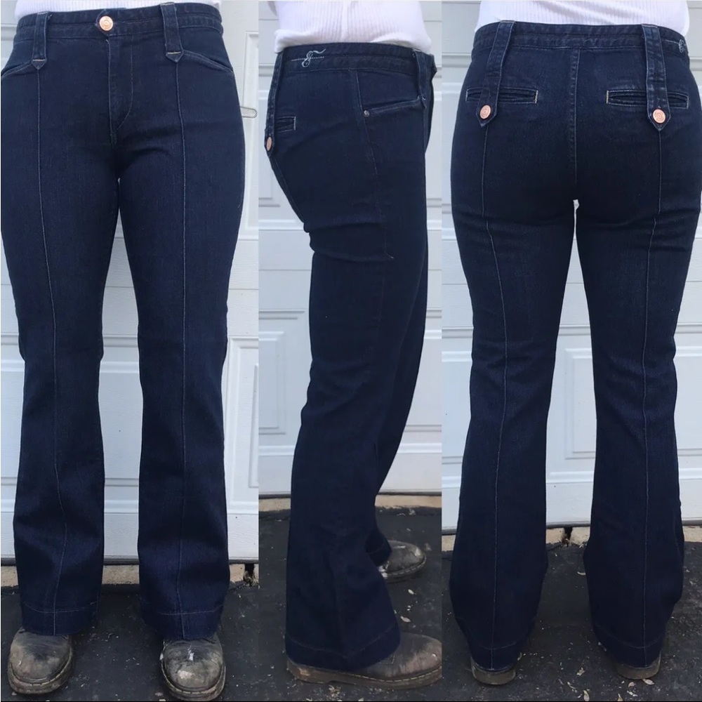 Earnest Sewn Dark Blue Denim Jeans Back Pocket Button Flare Boot Cut Sz 29